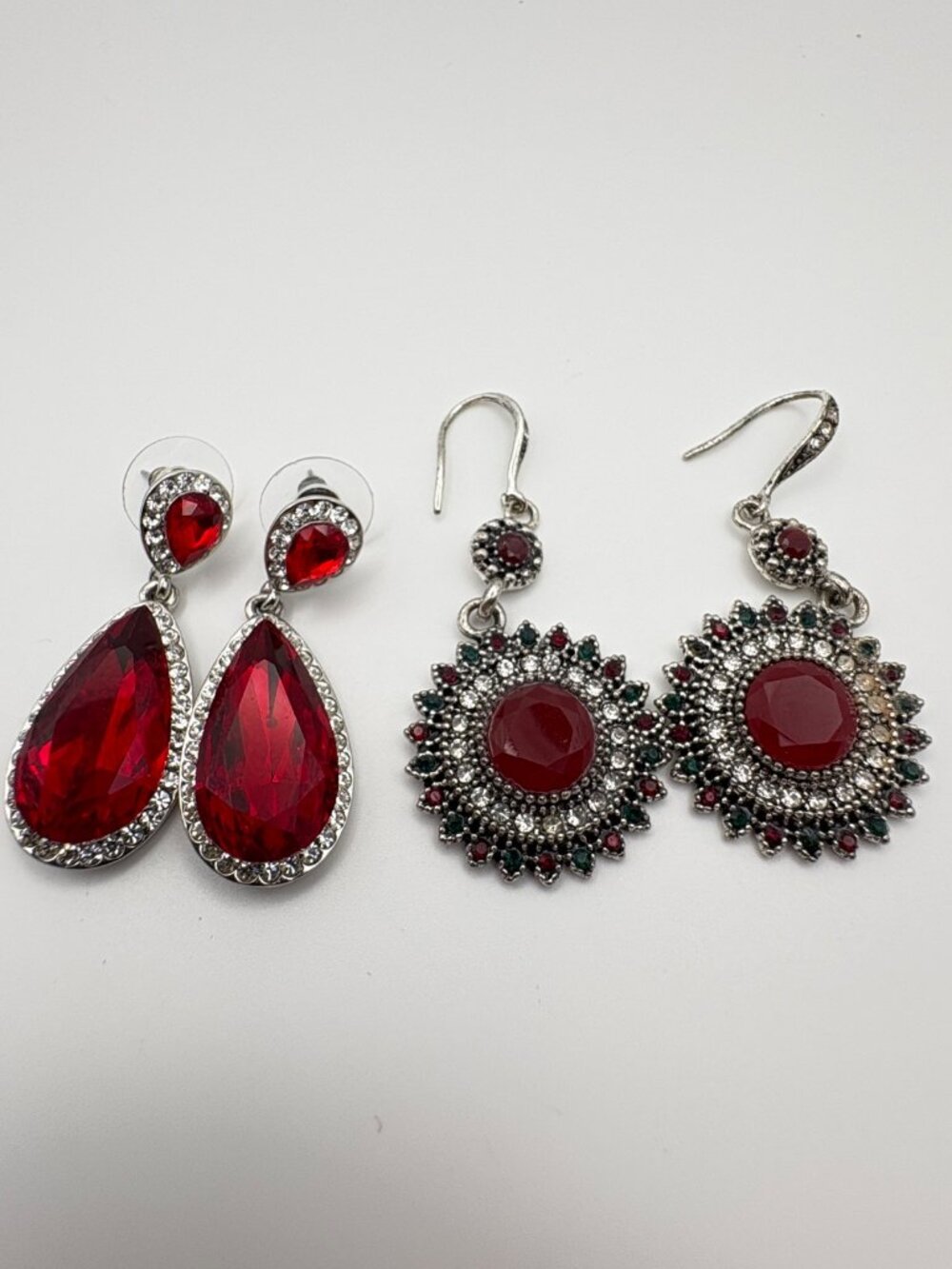 Lot of 2 Red Rhinestone Dangle Earrings Teardrop & Antique Style Mandala Drops